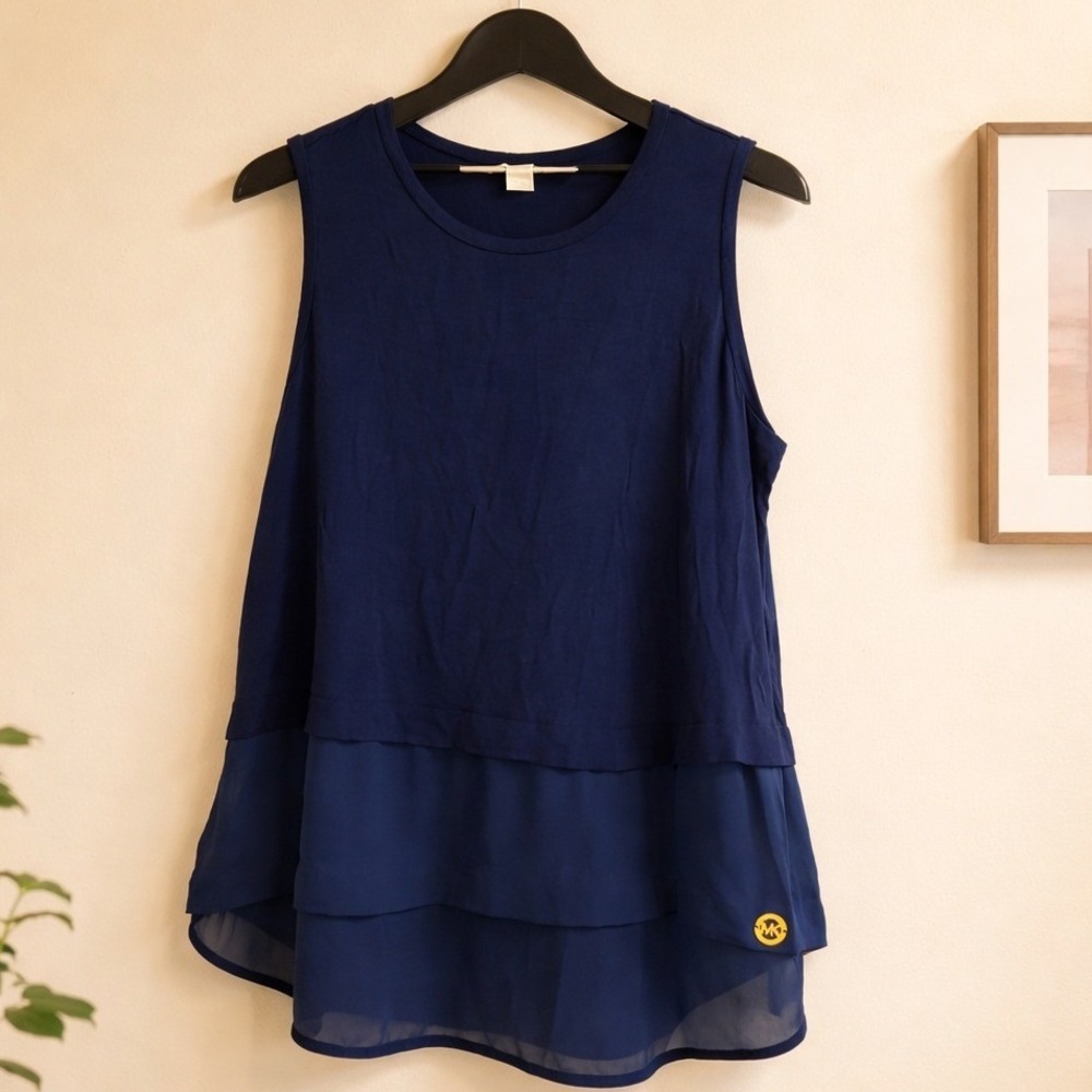 Michael Kors Layered Tank Top Womens XL Navy Blue Chiffon Hem Blouse - Picture 2 of 6